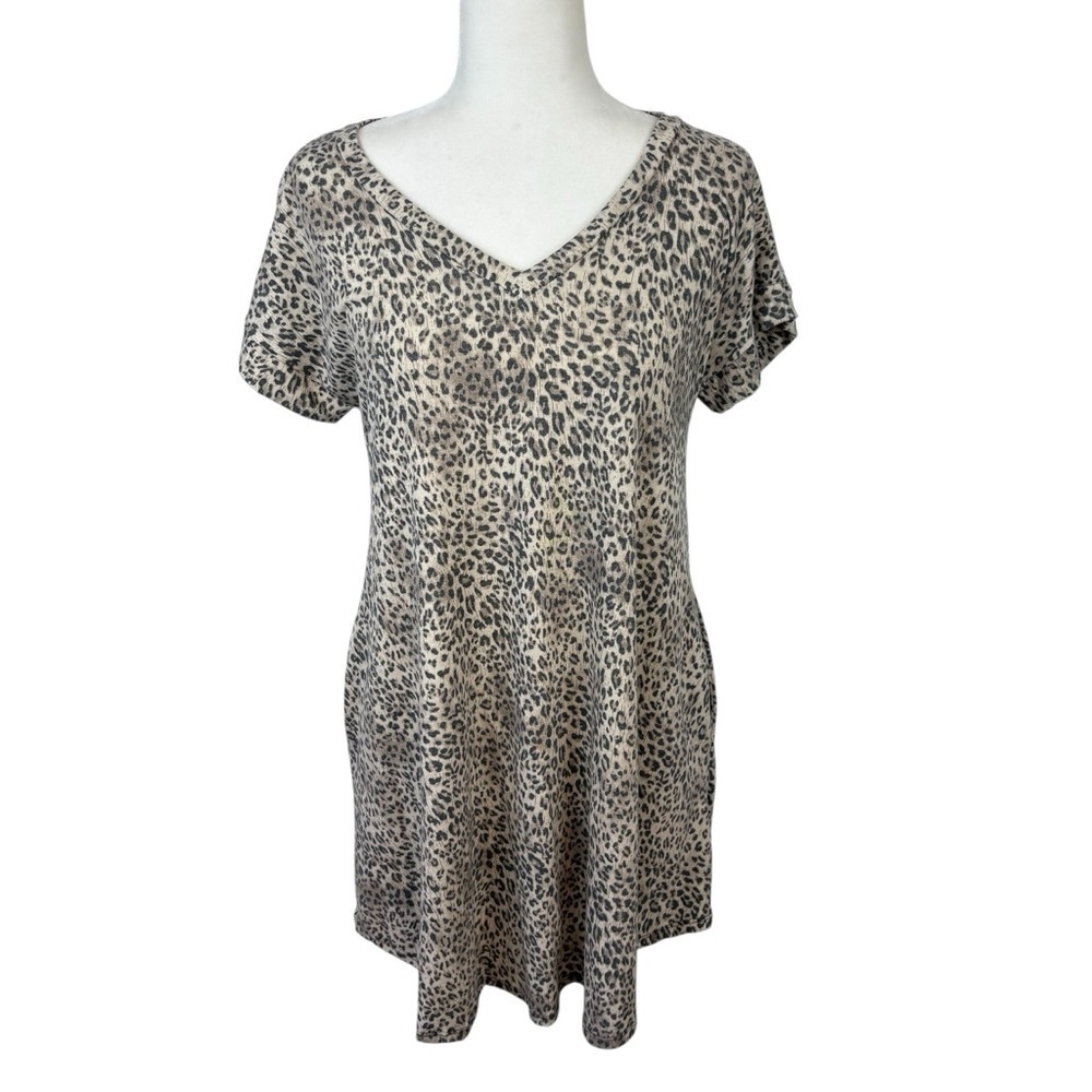Leopard Print Short Sleeve V-Neck Dress - Mocha